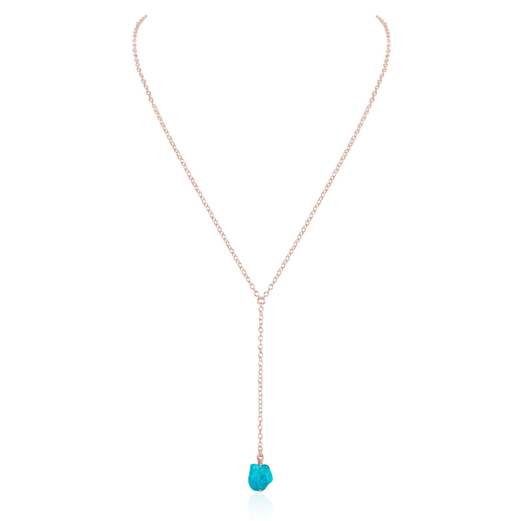 Raw Blue Apatite Crystal Lariat Necklace - Raw Blue Apatite Crystal Lariat Necklace - 14k Rose Gold Fill - Luna Tide Handmade Crystal Jewellery