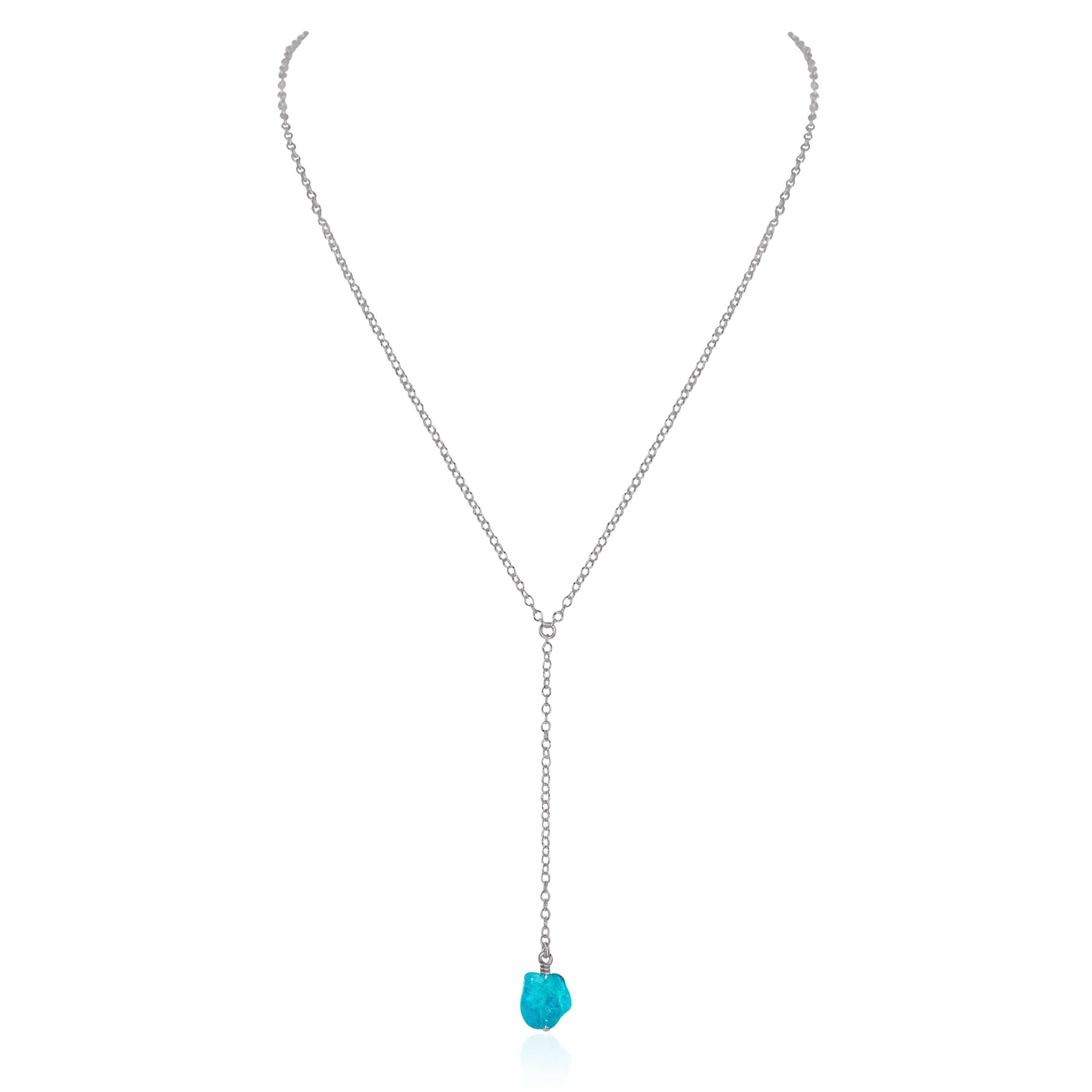 Raw Blue Apatite Crystal Lariat Necklace - Raw Blue Apatite Crystal Lariat Necklace - Stainless Steel - Luna Tide Handmade Crystal Jewellery