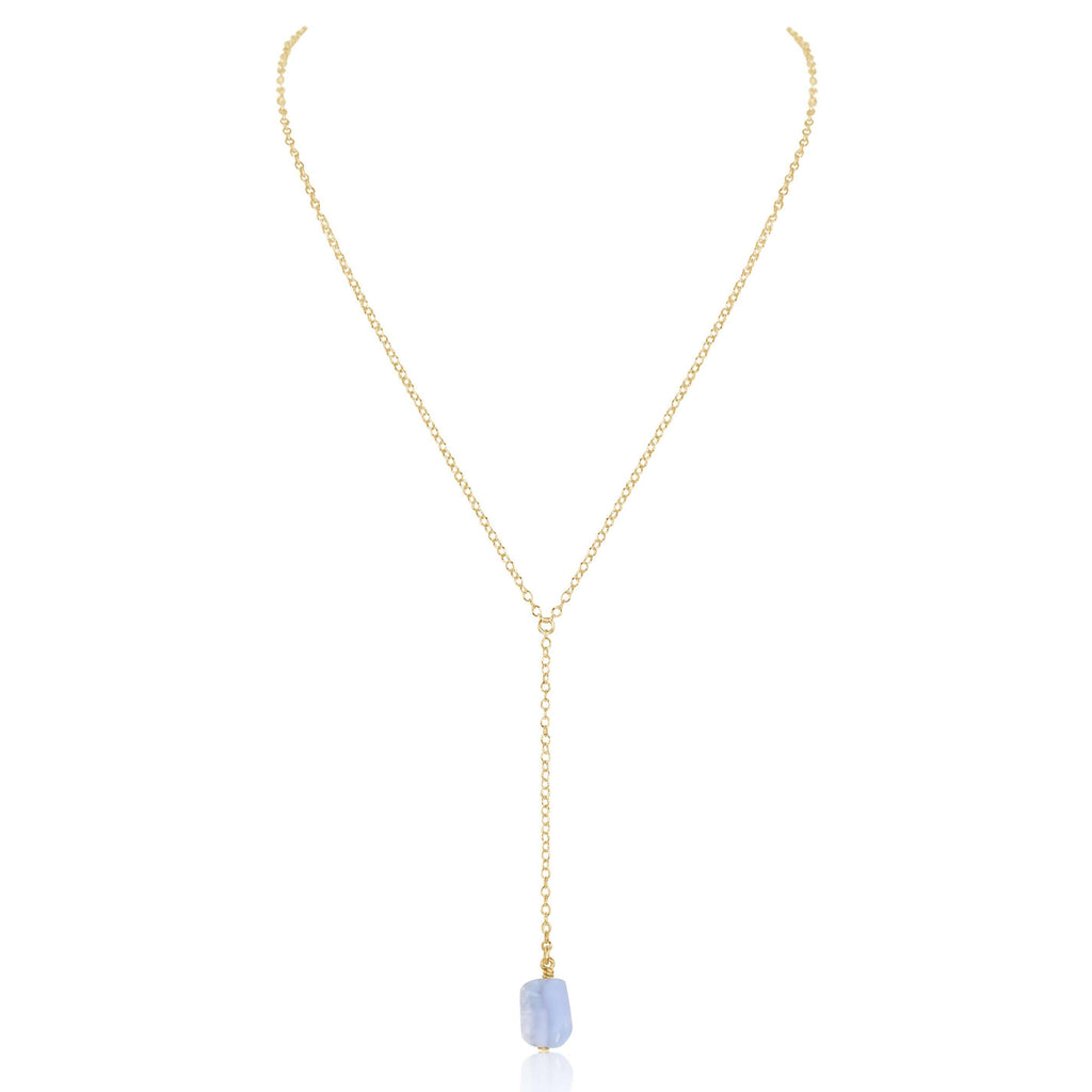 Raw Blue Lace Agate Crystal Lariat Necklace - Raw Blue Lace Agate Crystal Lariat Necklace - 14k Gold Fill - Luna Tide Handmade Crystal Jewellery