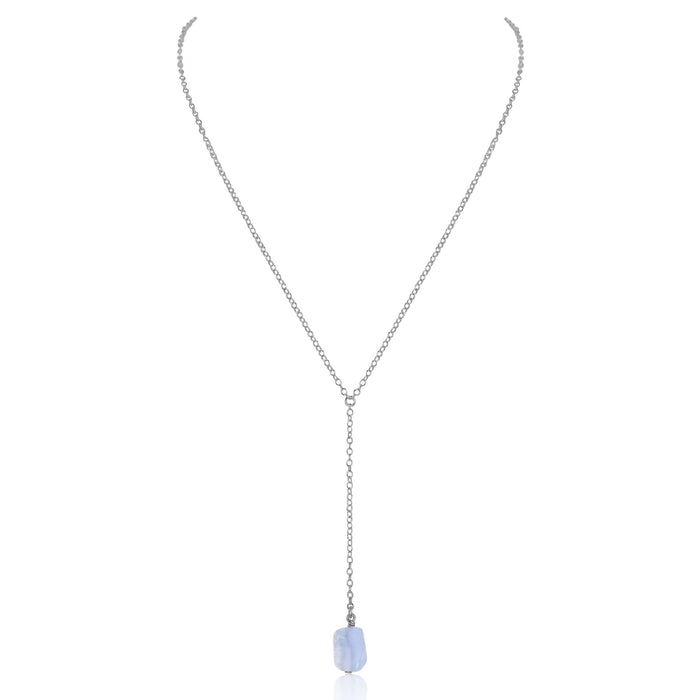 Raw Blue Lace Agate Crystal Lariat Necklace - Raw Blue Lace Agate Crystal Lariat Necklace - Stainless Steel - Luna Tide Handmade Crystal Jewellery