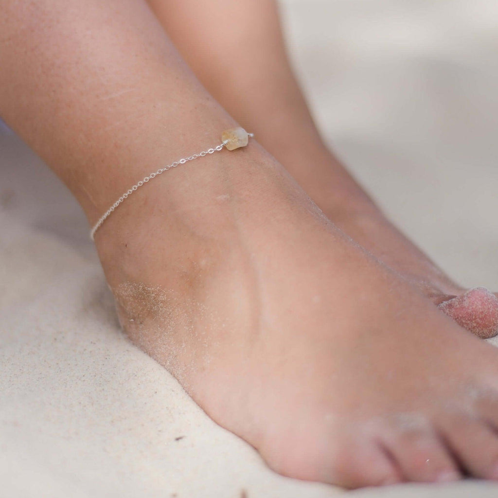 Raw Citrine Crystal Nugget Anklet - Raw Citrine Crystal Nugget Anklet - Sterling Silver - Luna Tide Handmade Crystal Jewellery