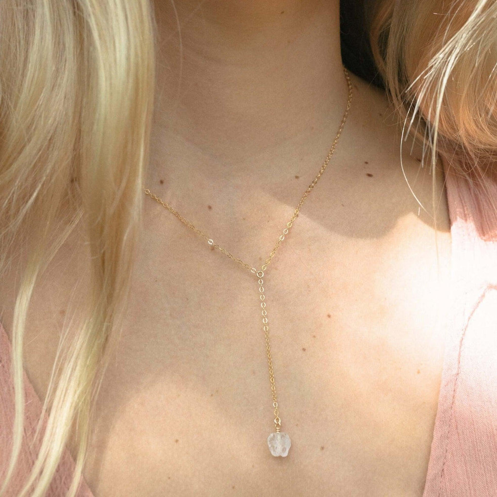 Raw Clear Quartz Crystal Lariat Necklace - Raw Clear Quartz Crystal Lariat Necklace - 14k Gold Fill - Luna Tide Handmade Crystal Jewellery