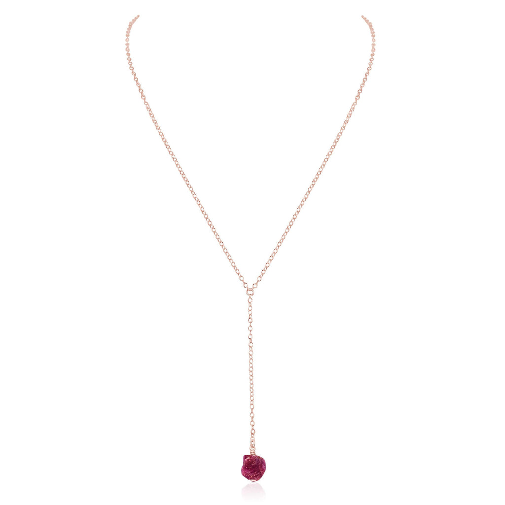 Raw Earth Red Ruby Crystal Lariat Necklace - Raw Earth Red Ruby Crystal Lariat Necklace - 14k Rose Gold Fill - Luna Tide Handmade Crystal Jewellery