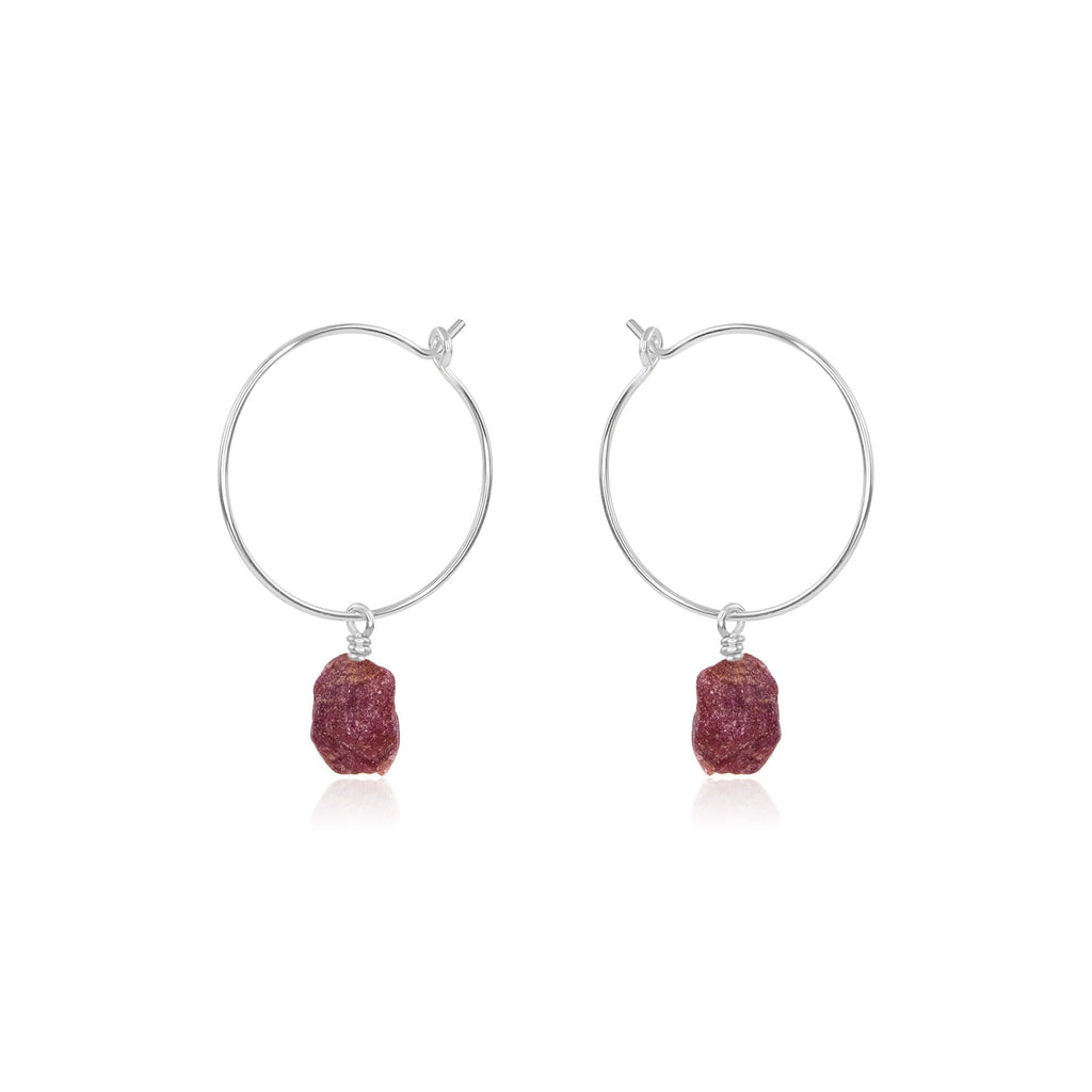 Raw Earth Red Ruby Gemstone Dangle Hoop Earrings - Raw Earth Red Ruby Gemstone Dangle Hoop Earrings - Sterling Silver - Luna Tide Handmade Crystal Jewellery