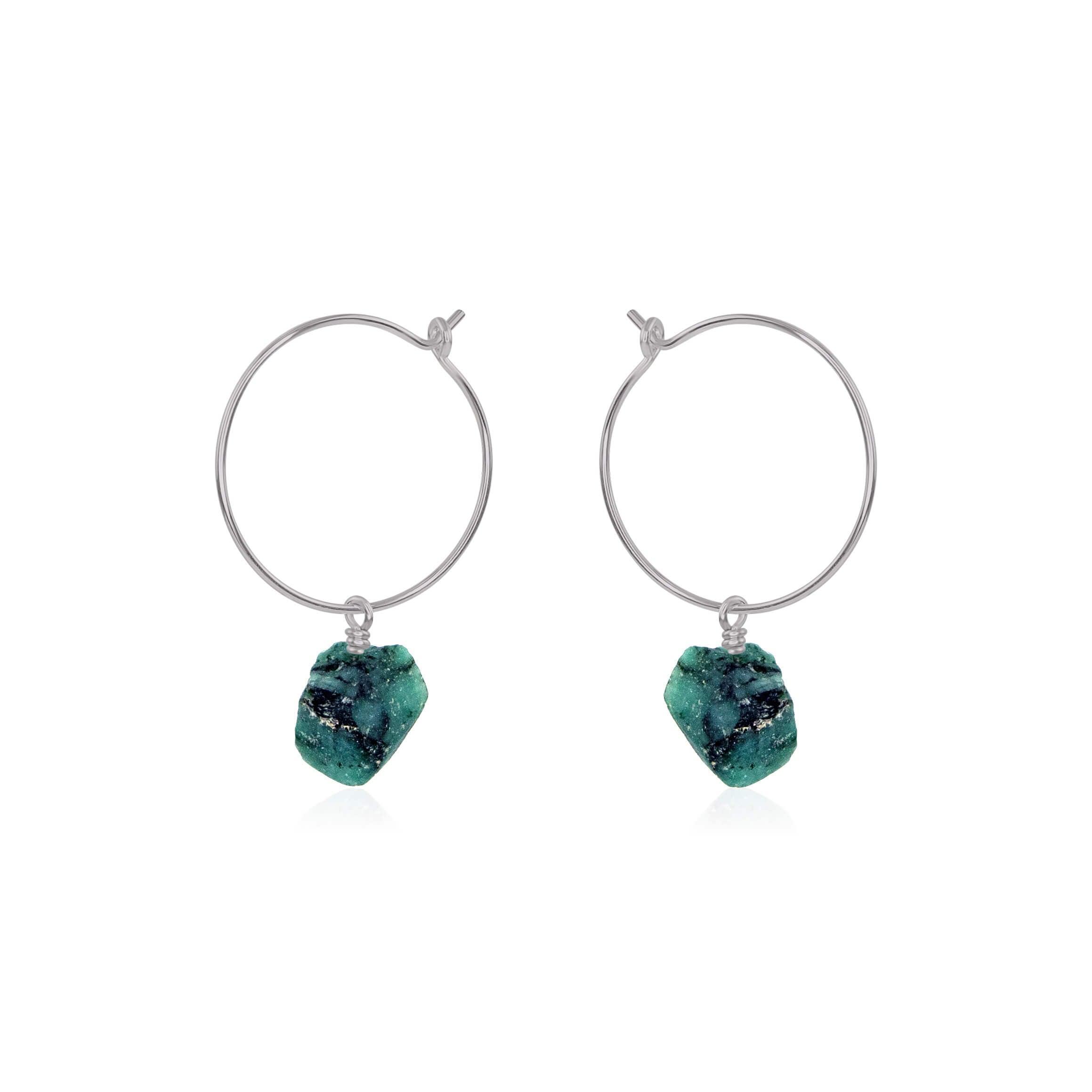 Raw Emerald Gemstone Dangle Hoop Earrings - Raw Emerald Gemstone Dangle Hoop Earrings - Stainless Steel - Luna Tide Handmade Crystal Jewellery