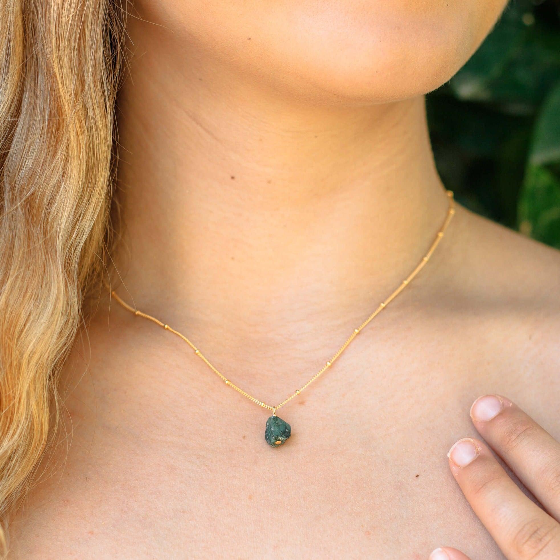 Raw Emerald Natural Crystal Pendant Necklace - Raw Emerald Natural Crystal Pendant Necklace - 14k Gold Fill / Satellite - Luna Tide Handmade Crystal Jewellery