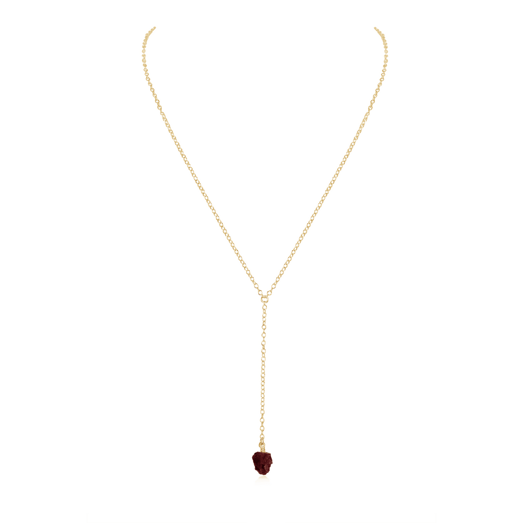 Raw Garnet Crystal Lariat Necklace - Raw Garnet Crystal Lariat Necklace - 14k Gold Fill - Luna Tide Handmade Crystal Jewellery