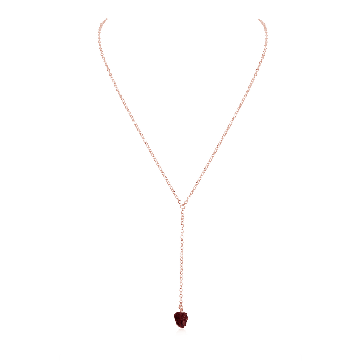 Raw Garnet Crystal Lariat Necklace - Raw Garnet Crystal Lariat Necklace - 14k Rose Gold Fill - Luna Tide Handmade Crystal Jewellery