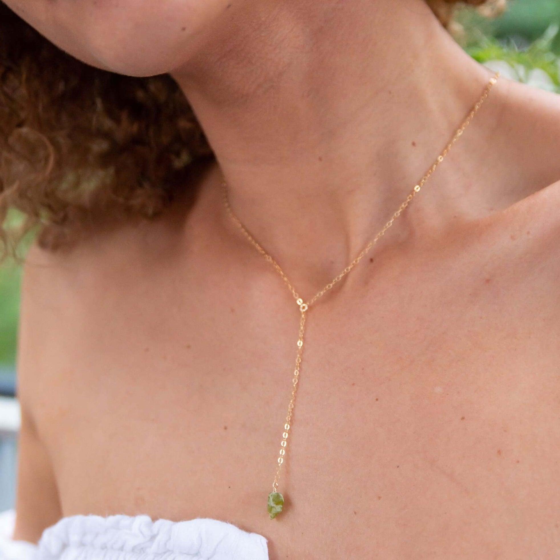 Raw Green Peridot Crystal Lariat Necklace - Raw Green Peridot Crystal Lariat Necklace - 14k Gold Fill - Luna Tide Handmade Crystal Jewellery