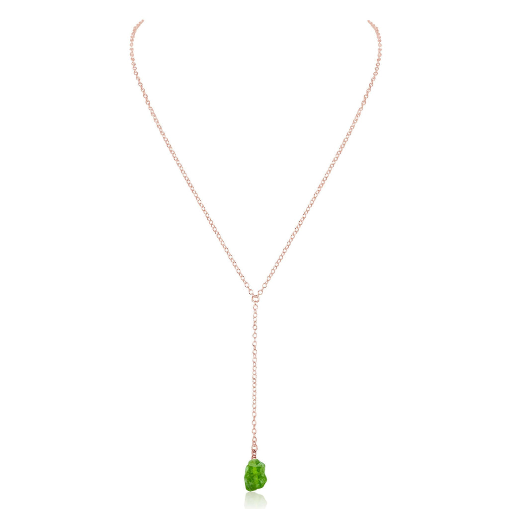 Raw Green Peridot Crystal Lariat Necklace - Raw Green Peridot Crystal Lariat Necklace - 14k Rose Gold Fill - Luna Tide Handmade Crystal Jewellery