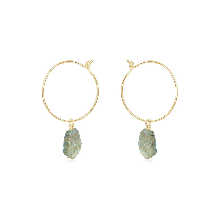 Raw Labradorite Gemstone Dangle Hoop Earrings - Raw Labradorite Gemstone Dangle Hoop Earrings - 14k Gold Fill - Luna Tide Handmade Crystal Jewellery