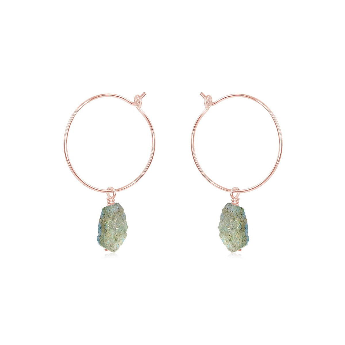 Raw Labradorite Gemstone Dangle Hoop Earrings - Raw Labradorite Gemstone Dangle Hoop Earrings - 14k Rose Gold Fill - Luna Tide Handmade Crystal Jewellery
