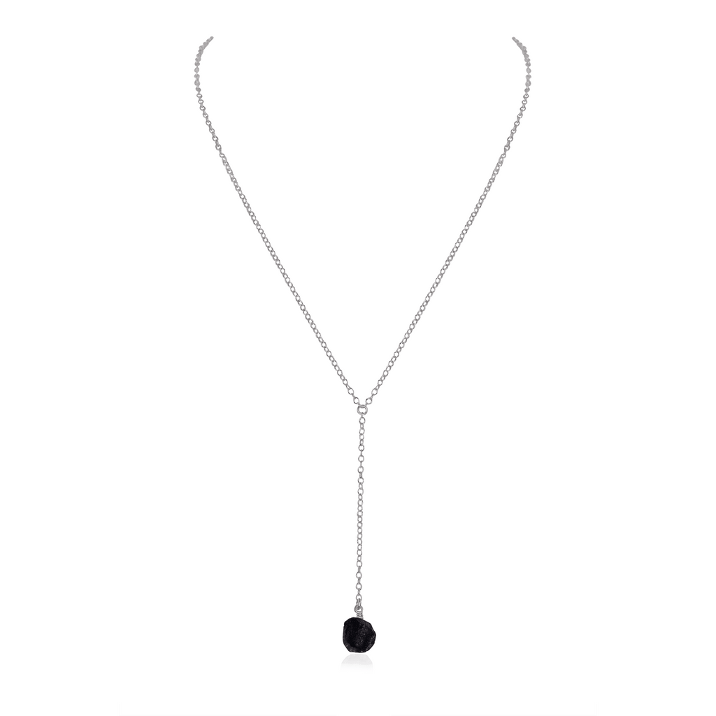 Raw Obsidian Crystal Lariat Necklace - Raw Obsidian Crystal Lariat Necklace - Stainless Steel - Luna Tide Handmade Crystal Jewellery