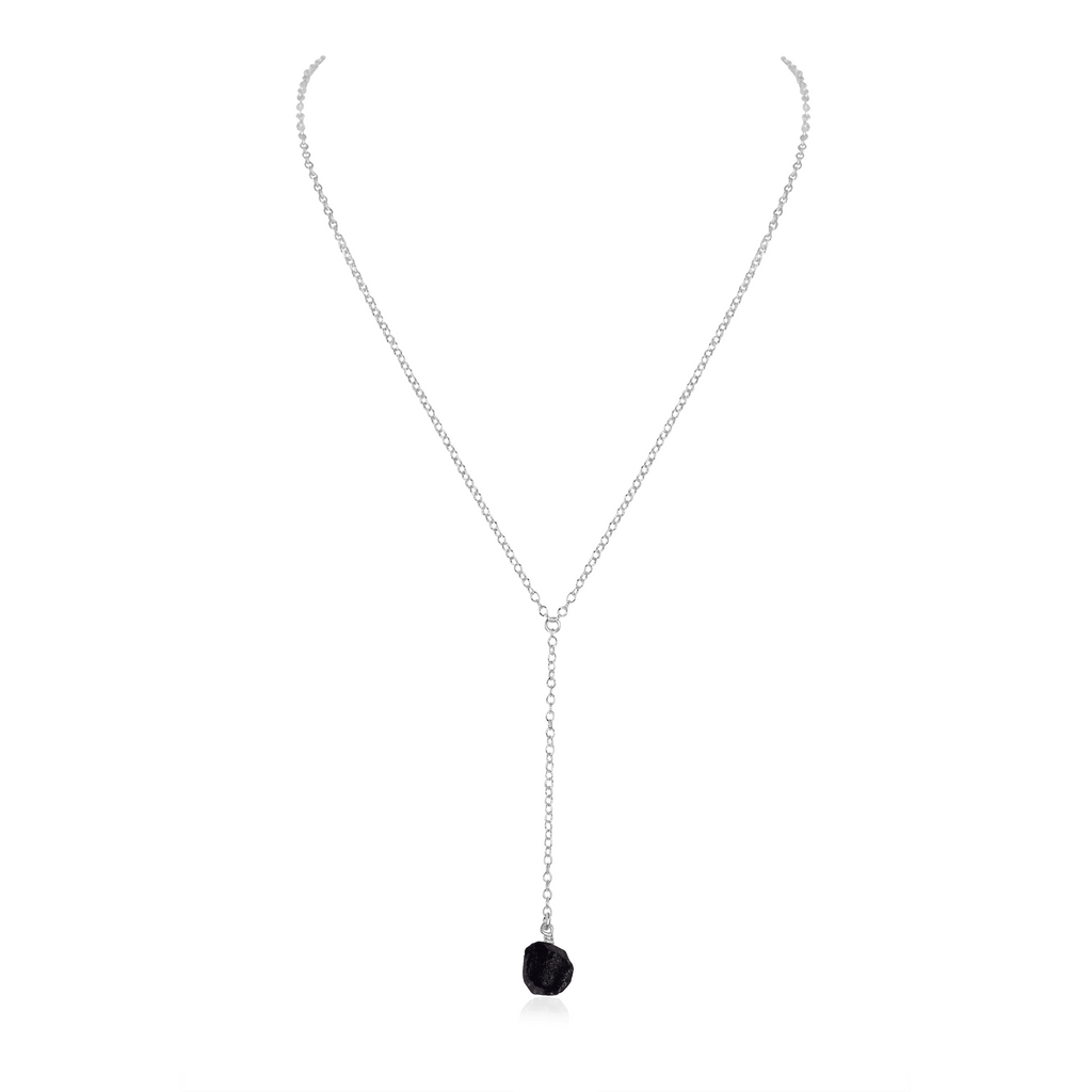 Raw Obsidian Crystal Lariat Necklace - Raw Obsidian Crystal Lariat Necklace - Sterling Silver - Luna Tide Handmade Crystal Jewellery