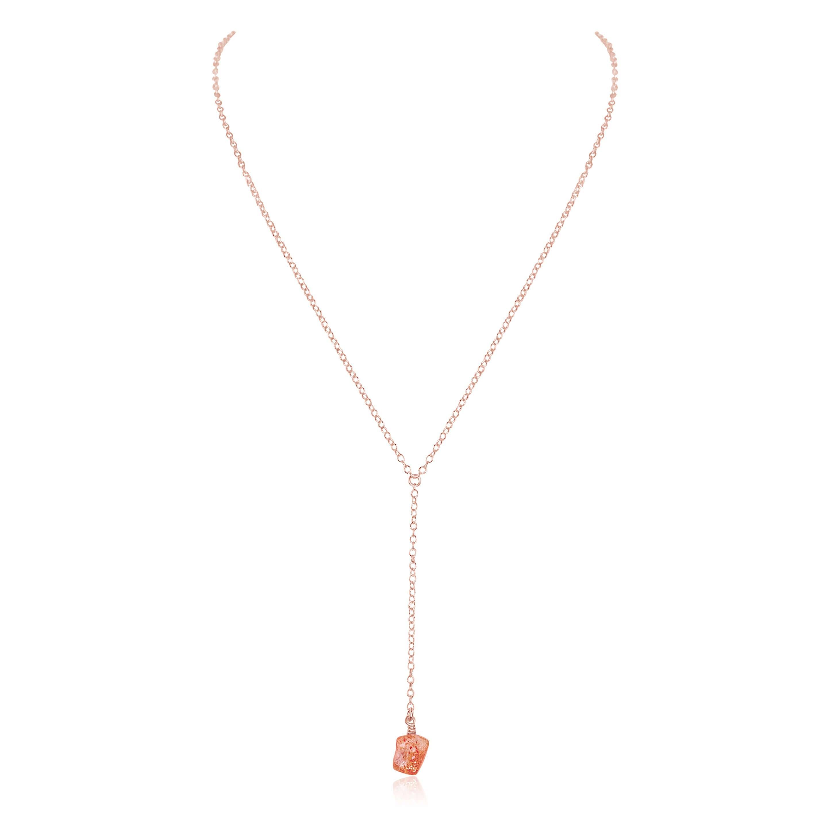 Raw Orange Sunstone Crystal Lariat Necklace - Raw Orange Sunstone Crystal Lariat Necklace - 14k Rose Gold Fill - Luna Tide Handmade Crystal Jewellery