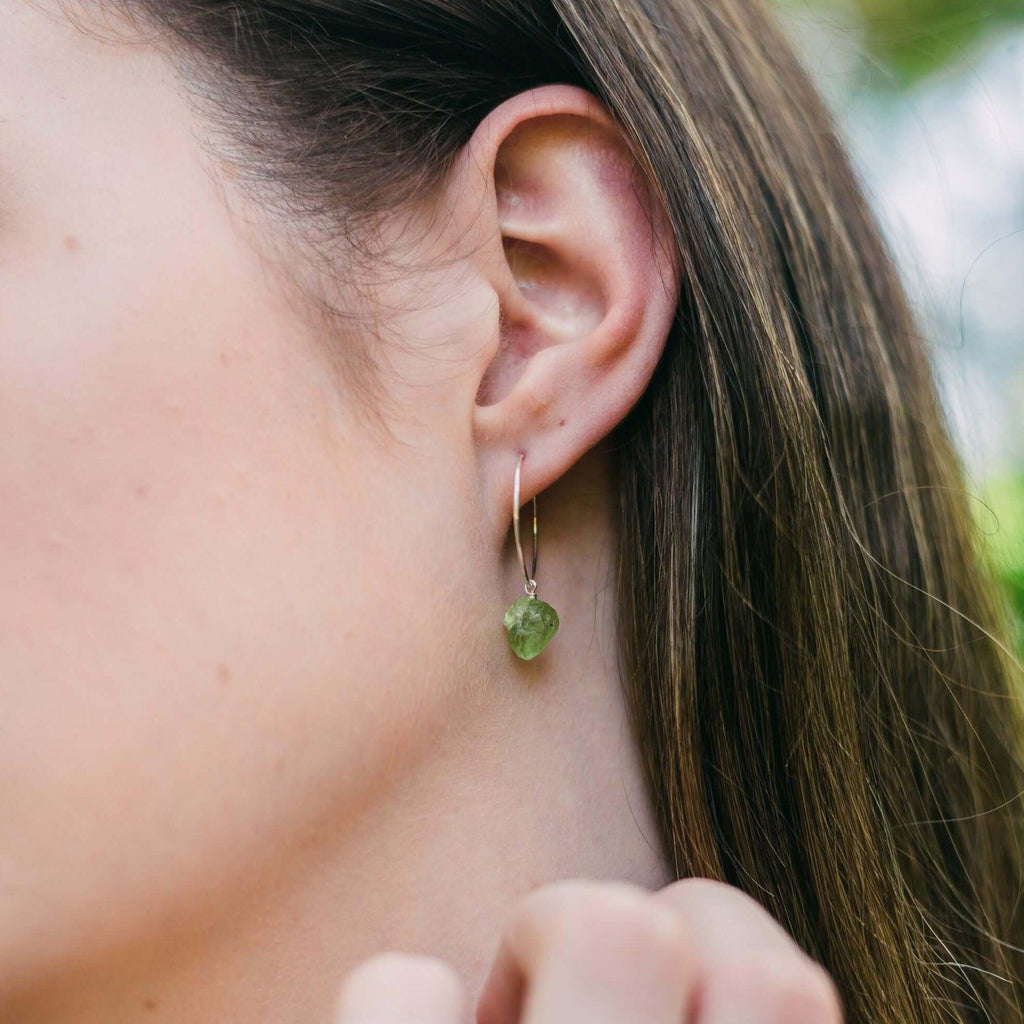 Raw Peridot Gemstone Dangle Hoop Earrings - Raw Peridot Gemstone Dangle Hoop Earrings - Sterling Silver - Luna Tide Handmade Crystal Jewellery