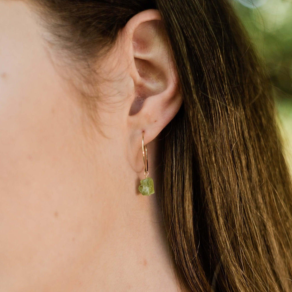 Raw Peridot Gemstone Dangle Hoop Earrings - Raw Peridot Gemstone Dangle Hoop Earrings - Sterling Silver - Luna Tide Handmade Crystal Jewellery