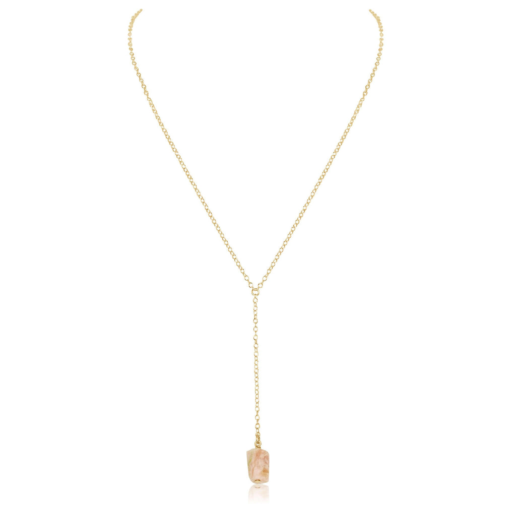 Raw Pink Peruvian Opal Crystal Lariat Necklace - Raw Pink Peruvian Opal Crystal Lariat Necklace - 14k Gold Fill - Luna Tide Handmade Crystal Jewellery