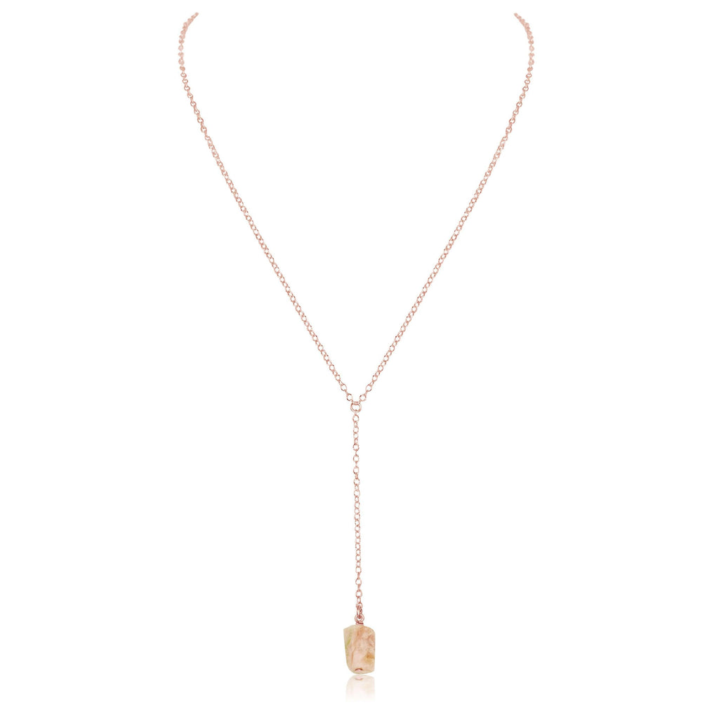Raw Pink Peruvian Opal Crystal Lariat Necklace - Raw Pink Peruvian Opal Crystal Lariat Necklace - 14k Rose Gold Fill - Luna Tide Handmade Crystal Jewellery