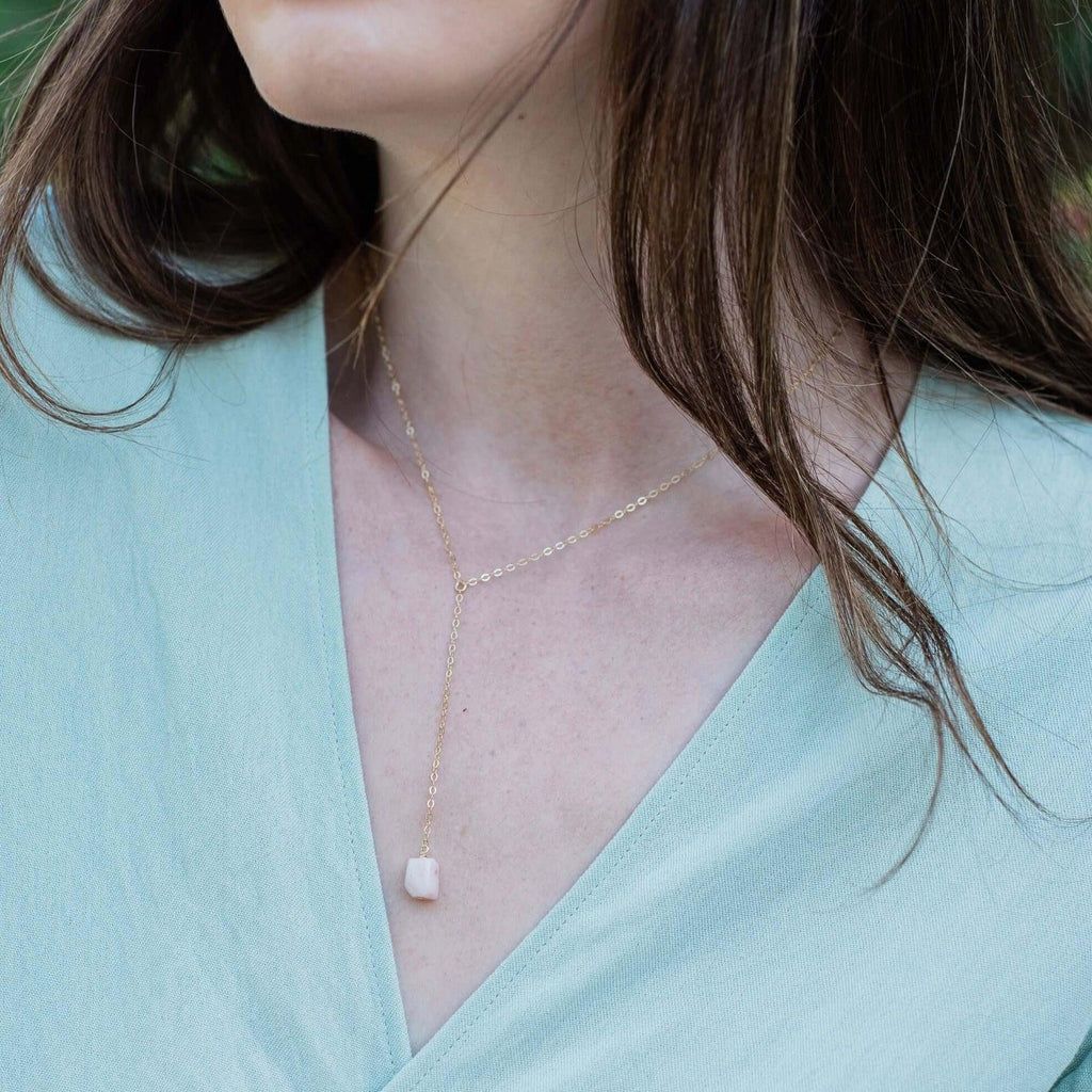 Raw Pink Peruvian Opal Crystal Lariat Necklace - Raw Pink Peruvian Opal Crystal Lariat Necklace - Sterling Silver - Luna Tide Handmade Crystal Jewellery