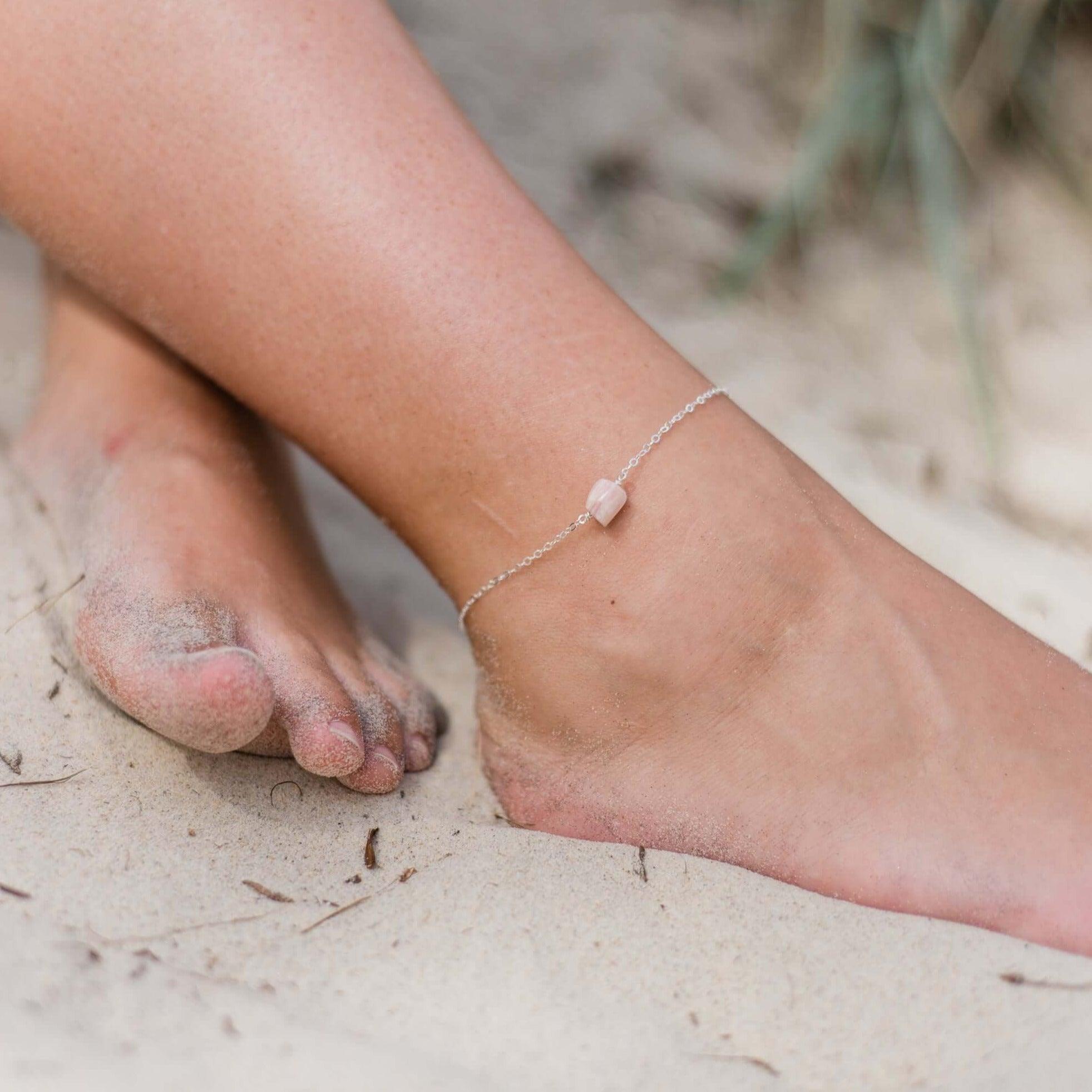 Raw Pink Peruvian Opal Crystal Nugget Anklet - Raw Pink Peruvian Opal Crystal Nugget Anklet - Sterling Silver - Luna Tide Handmade Crystal Jewellery