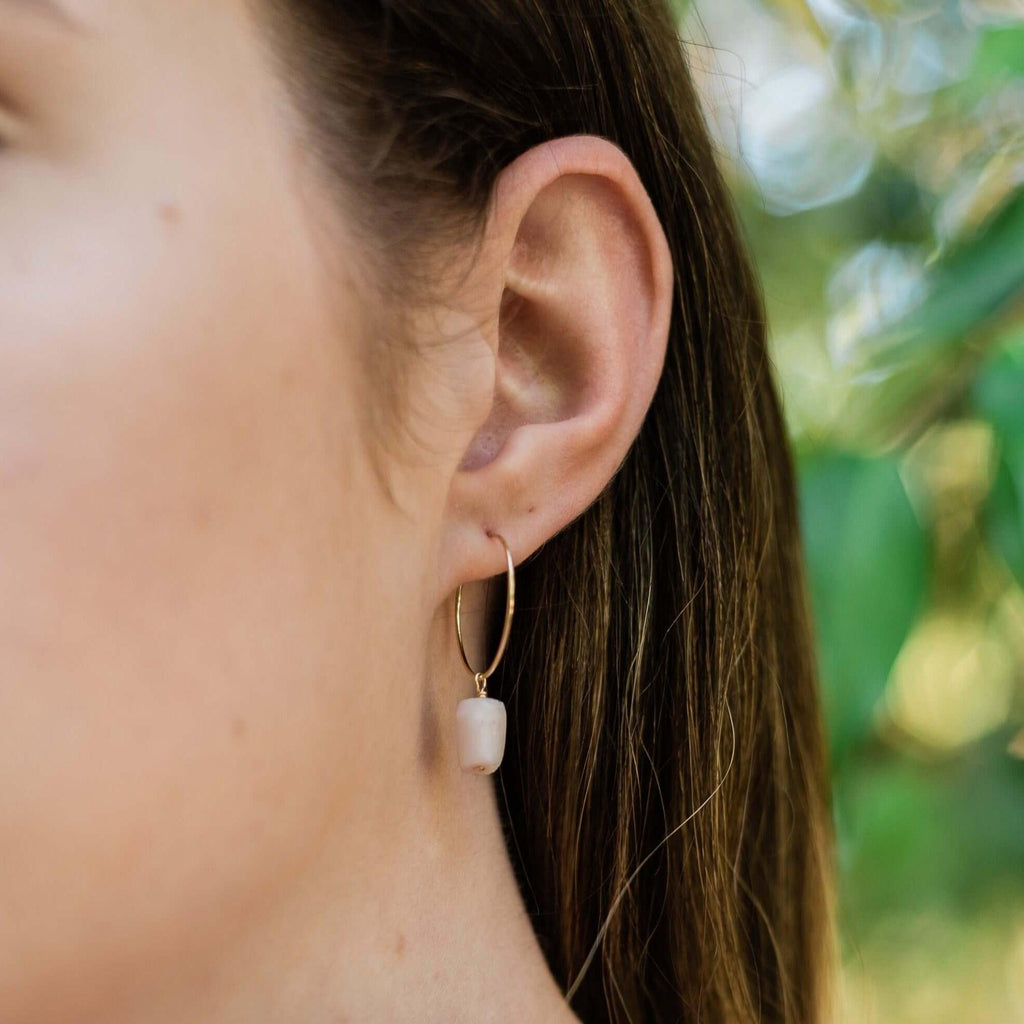 Raw Pink Peruvian Opal Gemstone Dangle Hoop Earrings - Raw Pink Peruvian Opal Gemstone Dangle Hoop Earrings - 14k Gold Fill - Luna Tide Handmade Crystal Jewellery