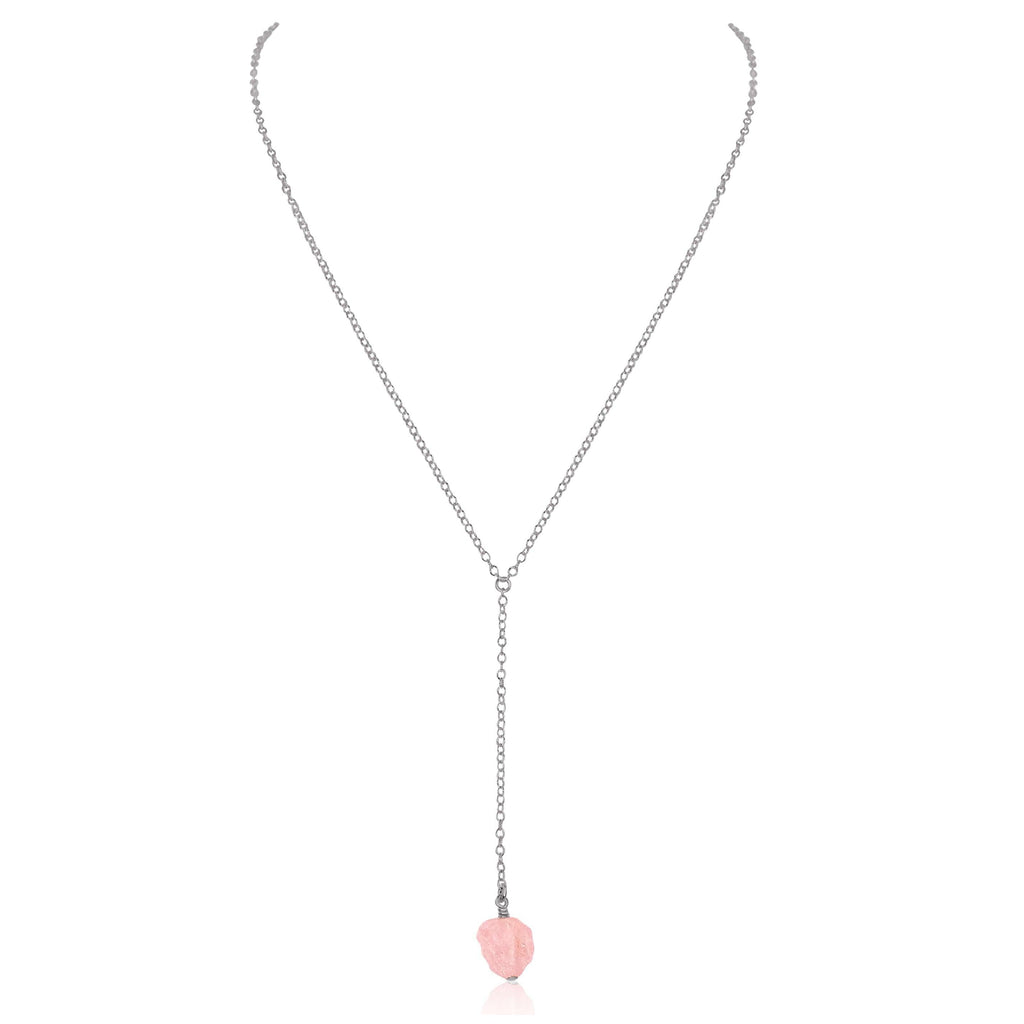 Raw Pink Rose Quartz Crystal Lariat Necklace - Raw Pink Rose Quartz Crystal Lariat Necklace - Stainless Steel - Luna Tide Handmade Crystal Jewellery