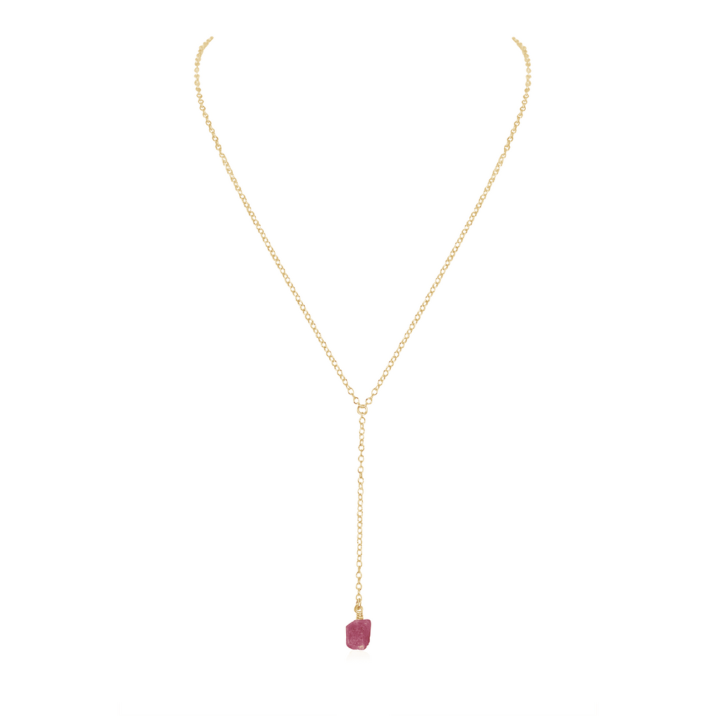 Raw Pink Tourmaline Crystal Lariat Necklace - Raw Pink Tourmaline Crystal Lariat Necklace - 14k Gold Fill - Luna Tide Handmade Crystal Jewellery