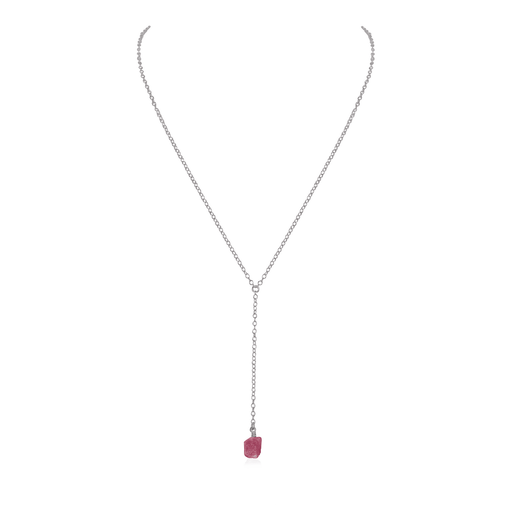 Raw Pink Tourmaline Crystal Lariat Necklace - Raw Pink Tourmaline Crystal Lariat Necklace - Stainless Steel - Luna Tide Handmade Crystal Jewellery
