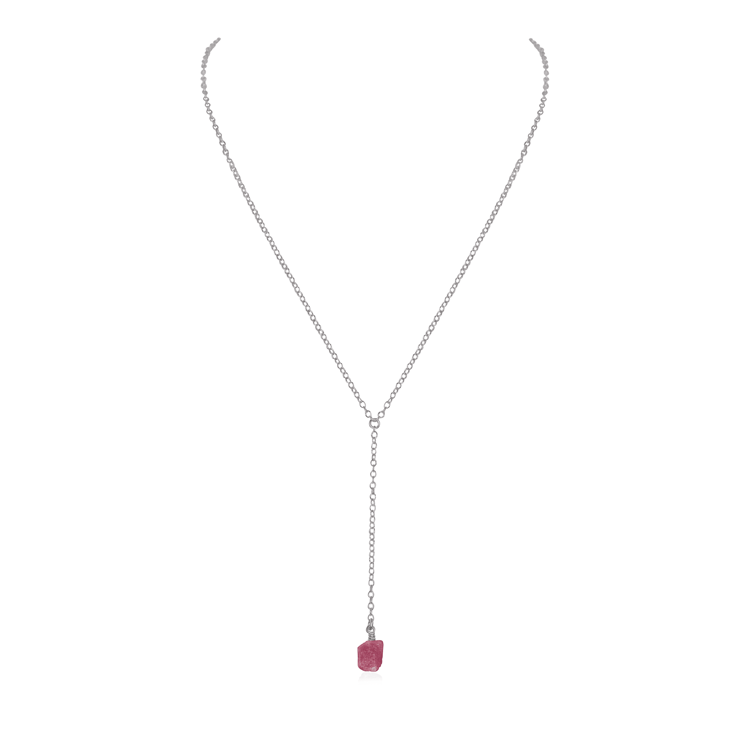 Raw Pink Tourmaline Crystal Lariat Necklace - Raw Pink Tourmaline Crystal Lariat Necklace - Stainless Steel - Luna Tide Handmade Crystal Jewellery