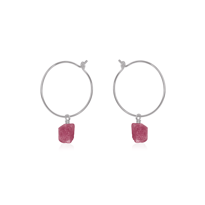 Raw Pink Tourmaline Gemstone Dangle Hoop Earrings - Raw Pink Tourmaline Gemstone Dangle Hoop Earrings - Stainless Steel - Luna Tide Handmade Crystal Jewellery