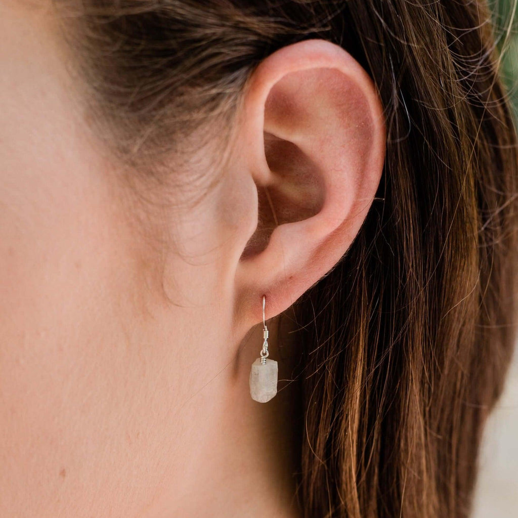 Raw Rainbow Moonstone Crystal Dangle Drop Earrings - Raw Rainbow Moonstone Crystal Dangle Drop Earrings - Sterling Silver - Luna Tide Handmade Crystal Jewellery