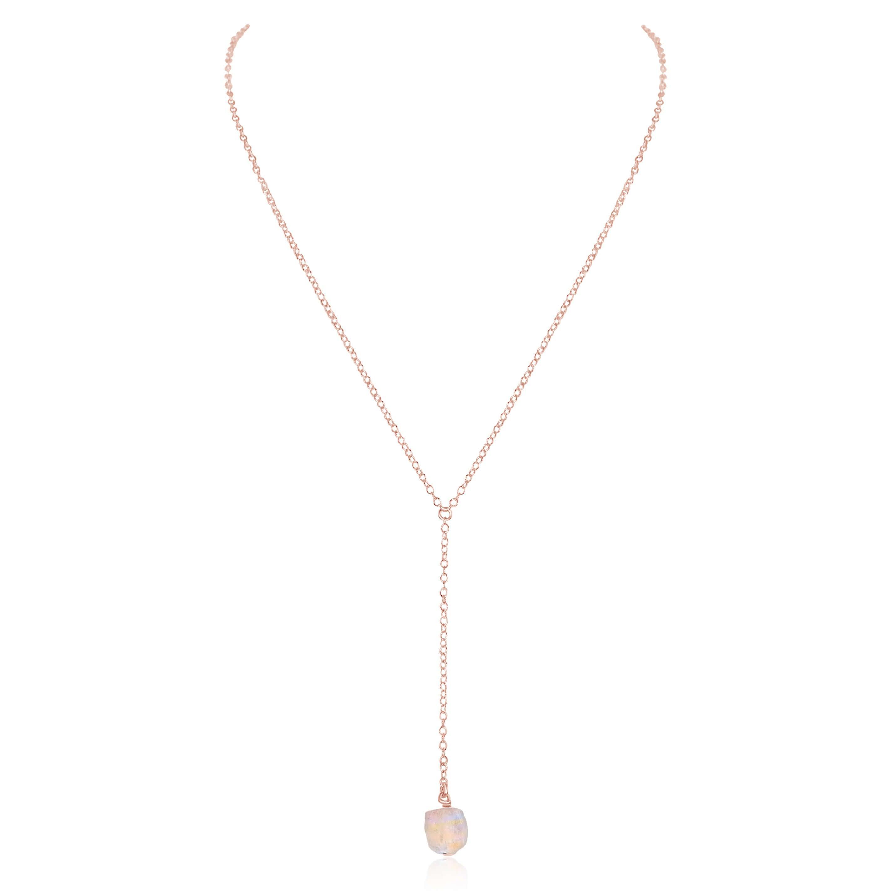 Raw Rainbow Moonstone Crystal Lariat Necklace - Raw Rainbow Moonstone Crystal Lariat Necklace - 14k Rose Gold Fill - Luna Tide Handmade Crystal Jewellery