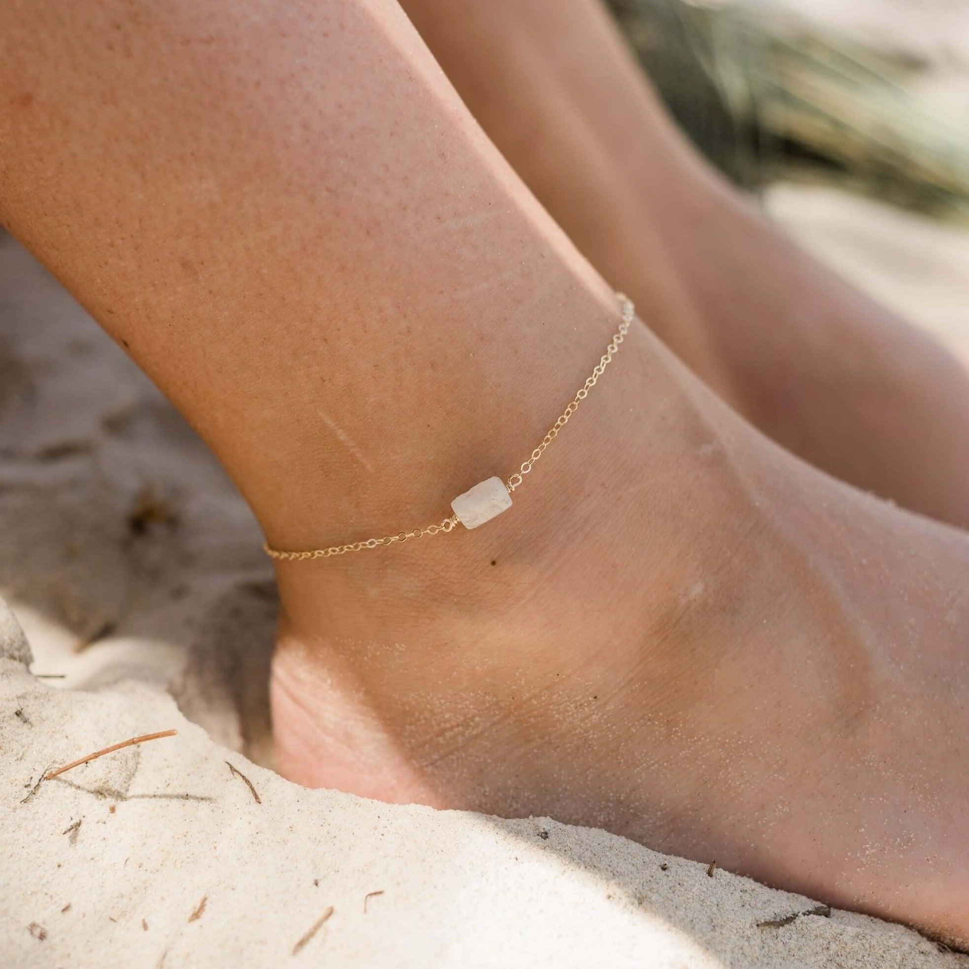 Raw Rainbow Moonstone Crystal Nugget Anklet - Raw Rainbow Moonstone Crystal Nugget Anklet - Sterling Silver - Luna Tide Handmade Crystal Jewellery