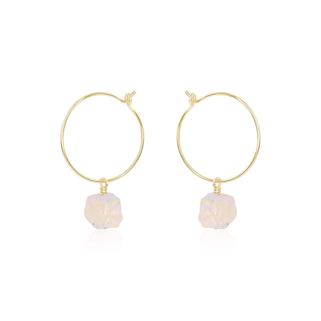 Raw Rainbow Moonstone Gemstone Dangle Hoop Earrings - Raw Rainbow Moonstone Gemstone Dangle Hoop Earrings - 14k Gold Fill - Luna Tide Handmade Crystal Jewellery