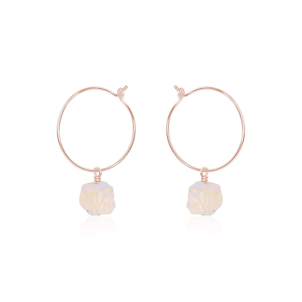 Raw Rainbow Moonstone Gemstone Dangle Hoop Earrings - Raw Rainbow Moonstone Gemstone Dangle Hoop Earrings - 14k Rose Gold Fill - Luna Tide Handmade Crystal Jewellery