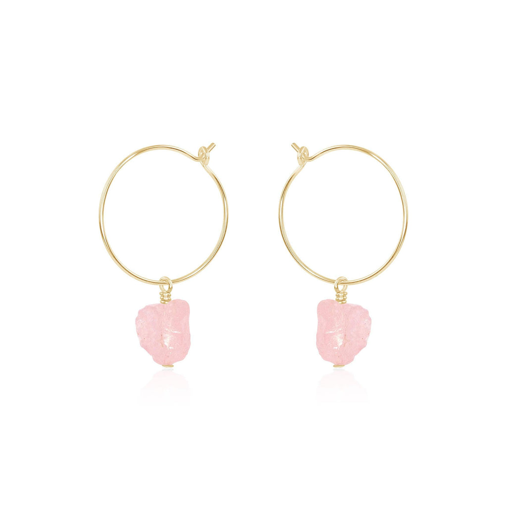 Raw Rose Quartz Gemstone Dangle Hoop Earrings - Raw Rose Quartz Gemstone Dangle Hoop Earrings - 14k Gold Fill - Luna Tide Handmade Crystal Jewellery