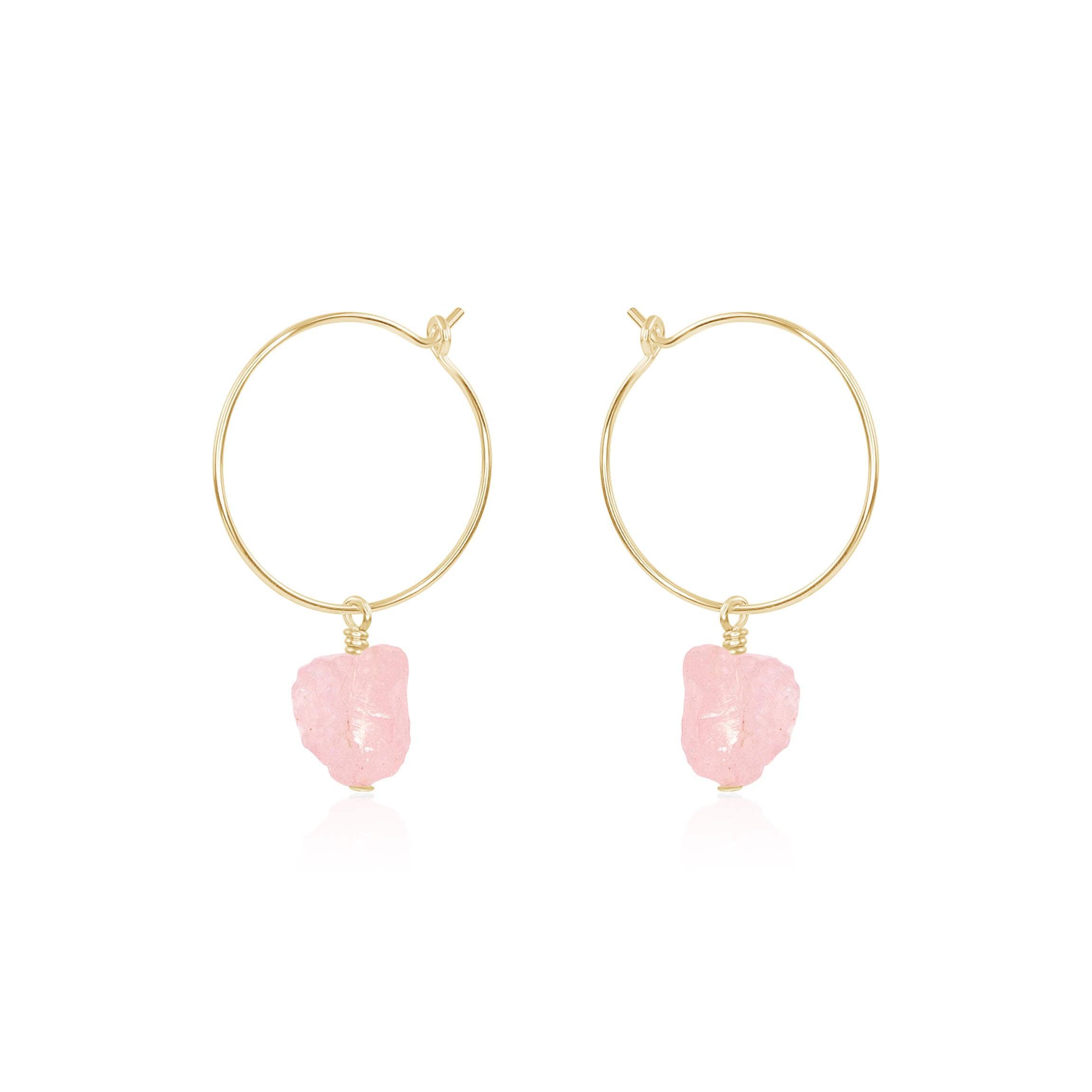 Raw Rose Quartz Gemstone Dangle Hoop Earrings - Raw Rose Quartz Gemstone Dangle Hoop Earrings - 14k Gold Fill - Luna Tide Handmade Crystal Jewellery