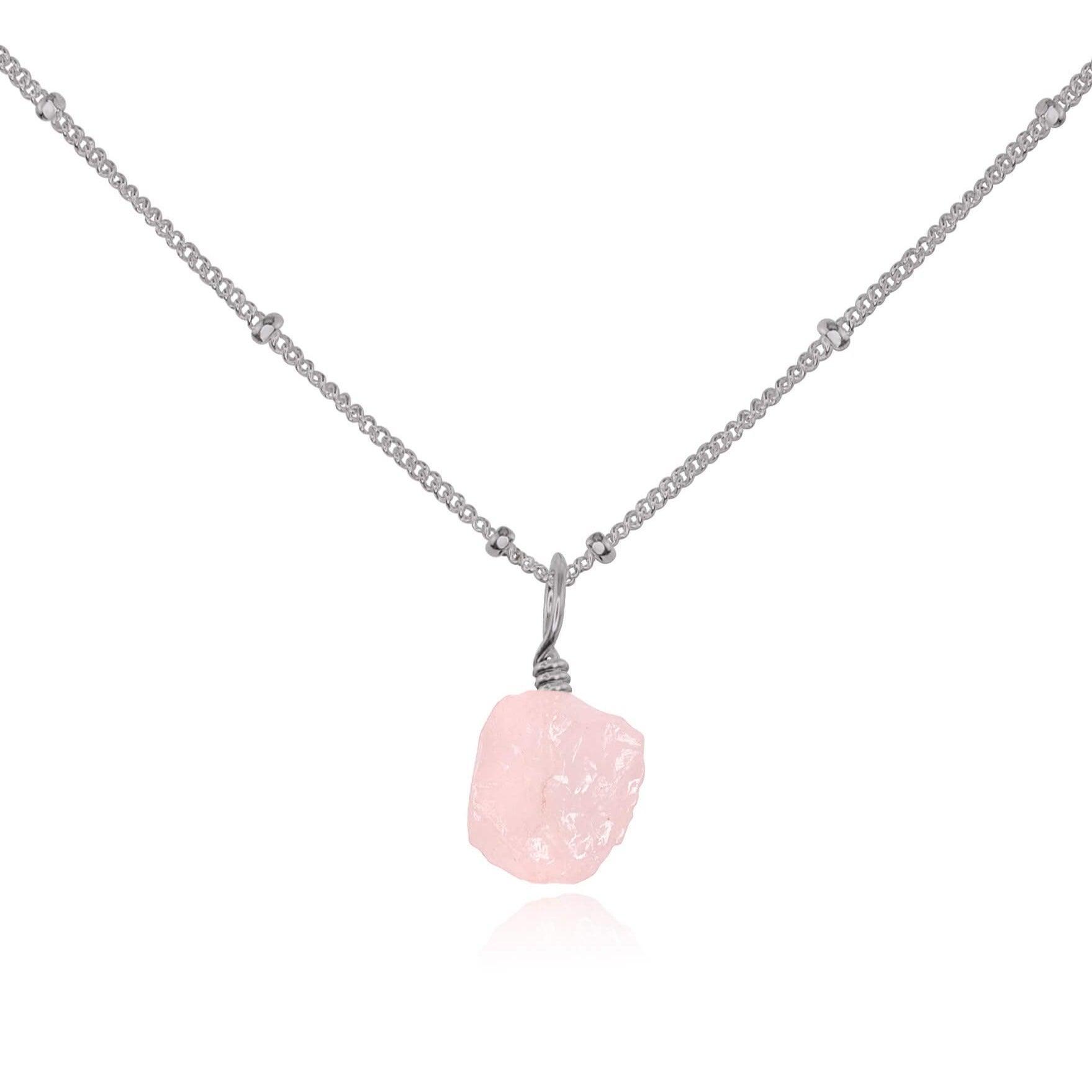 Raw Rose Quartz Natural Crystal Pendant Necklace - Raw Rose Quartz Natural Crystal Pendant Necklace - Stainless Steel / Satellite - Luna Tide Handmade Crystal Jewellery