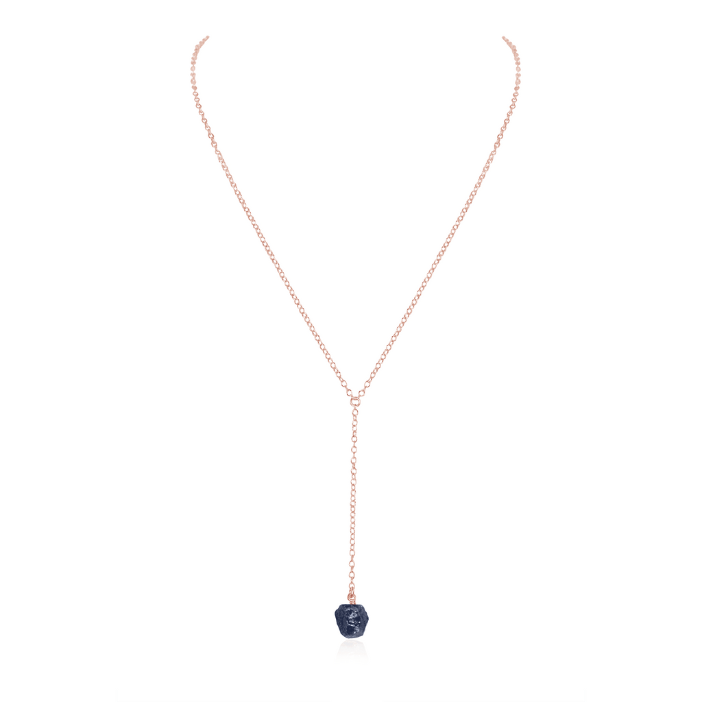 Raw Sapphire Crystal Lariat Necklace - Raw Sapphire Crystal Lariat Necklace - 14k Rose Gold Fill - Luna Tide Handmade Crystal Jewellery