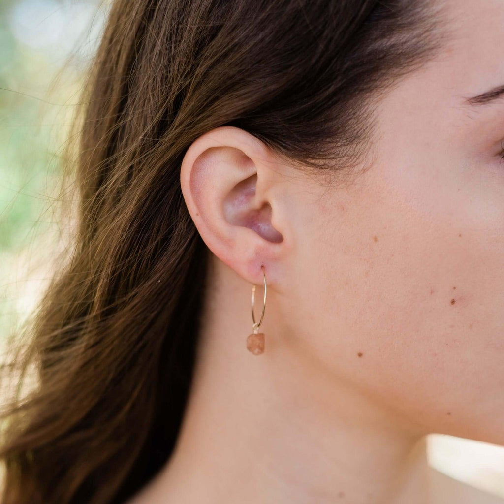 Raw Sunstone Gemstone Dangle Hoop Earrings - Raw Sunstone Gemstone Dangle Hoop Earrings - 14k Gold Fill - Luna Tide Handmade Crystal Jewellery