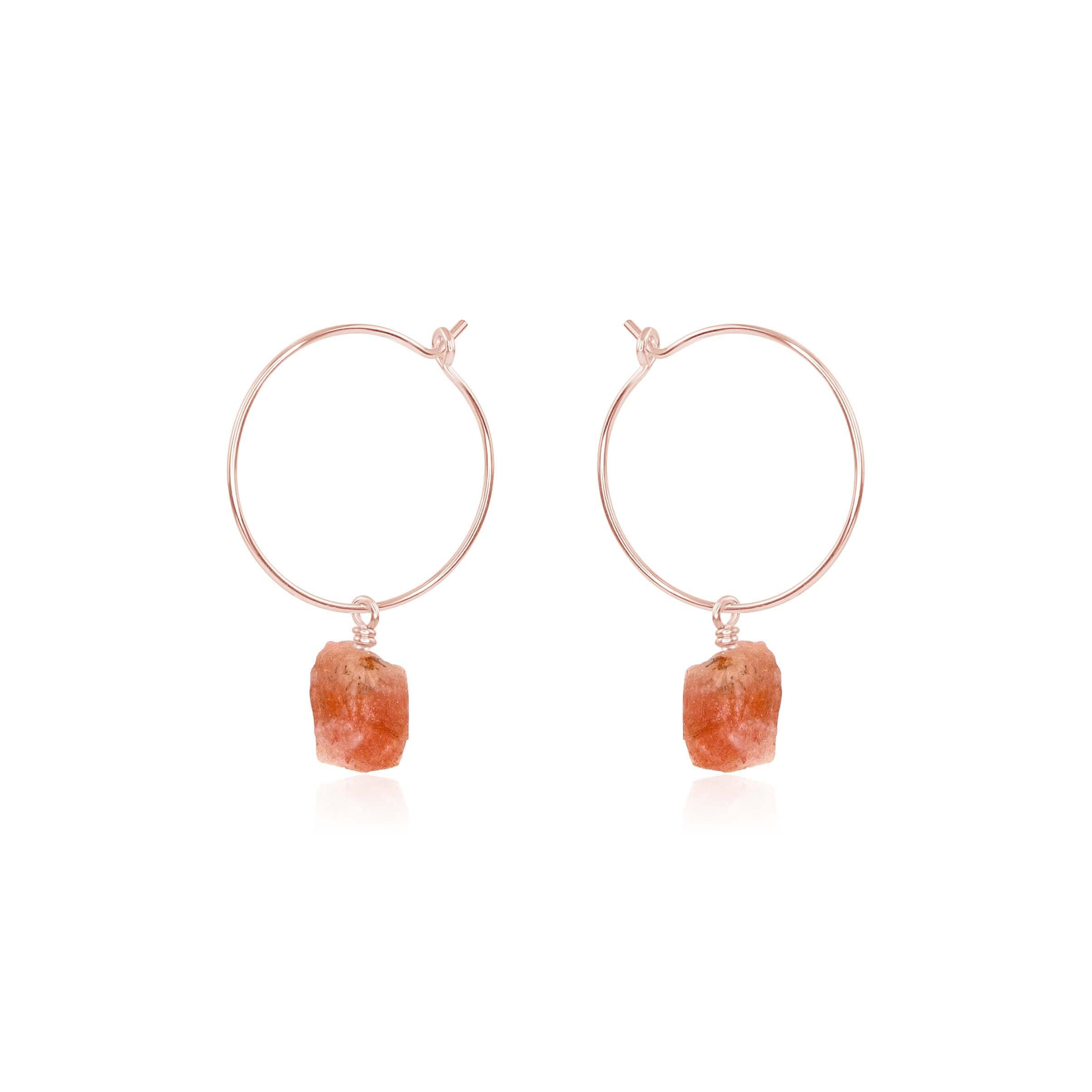 Raw Sunstone Gemstone Dangle Hoop Earrings - Raw Sunstone Gemstone Dangle Hoop Earrings - 14k Rose Gold Fill - Luna Tide Handmade Crystal Jewellery
