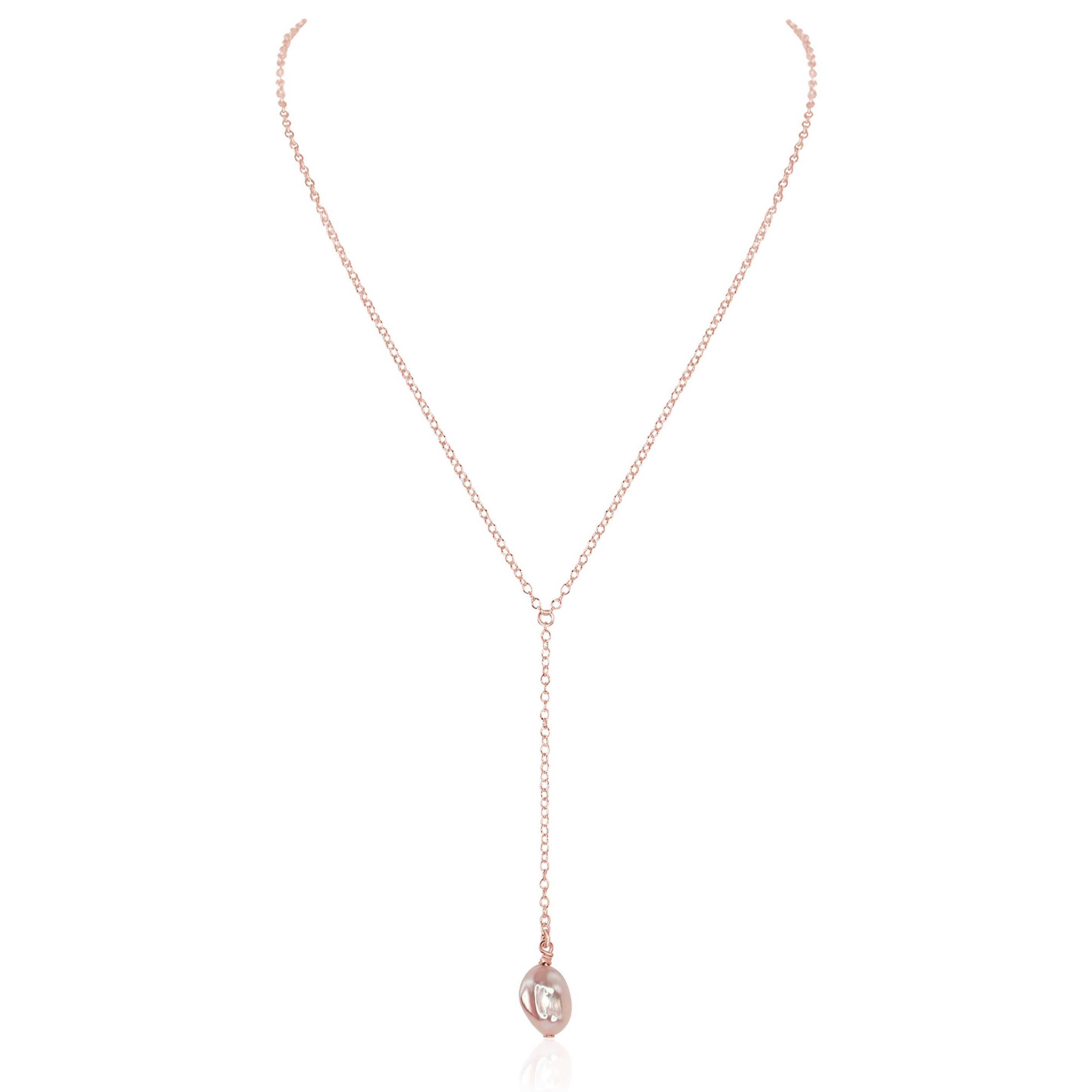 Raw White Freshwater Pearl Crystal Lariat Necklace - Raw White Freshwater Pearl Crystal Lariat Necklace - 14k Rose Gold Fill - Luna Tide Handmade Crystal Jewellery