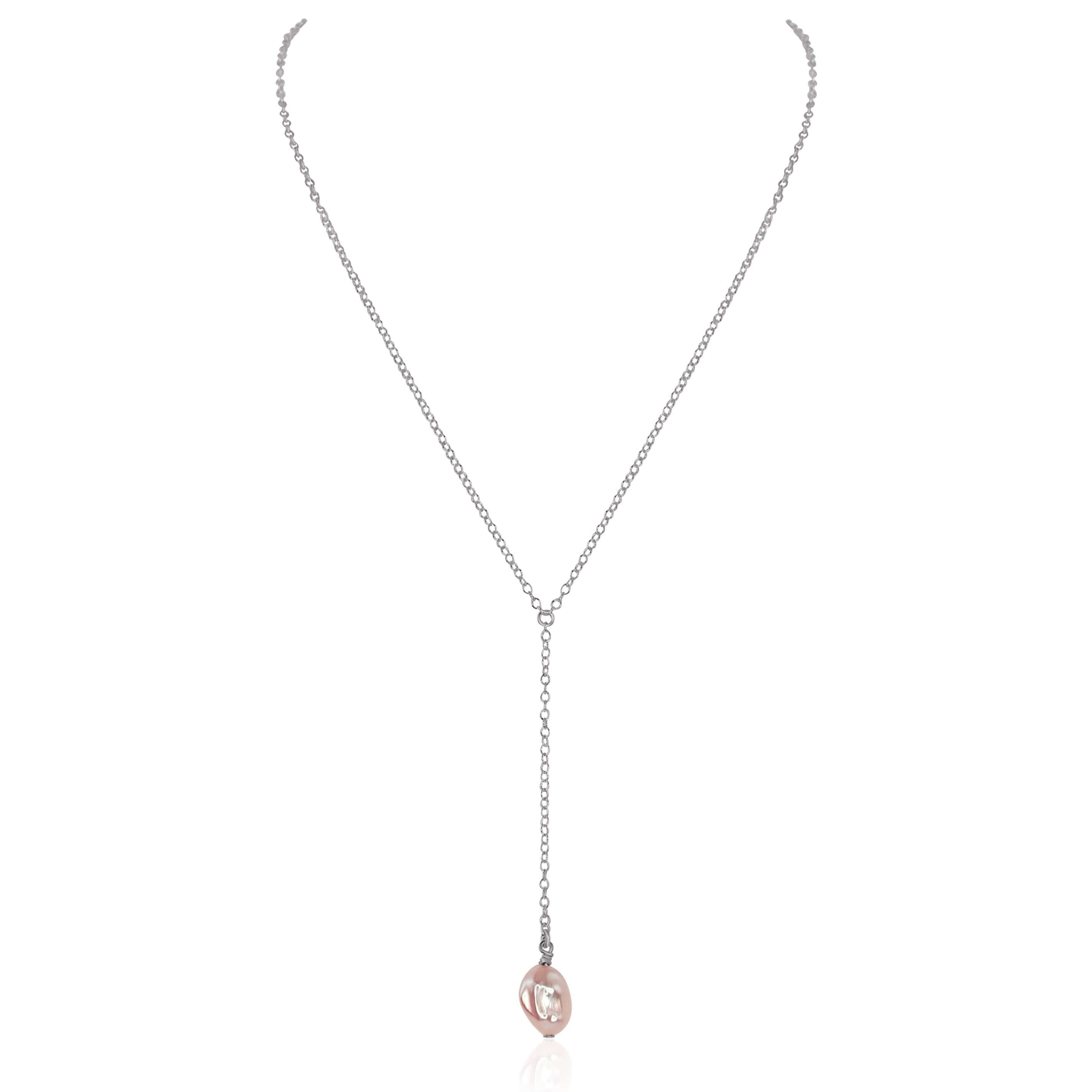 Raw White Freshwater Pearl Crystal Lariat Necklace - Raw White Freshwater Pearl Crystal Lariat Necklace - Stainless Steel - Luna Tide Handmade Crystal Jewellery