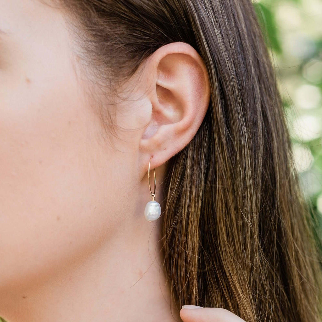 Raw White Freshwater Pearl Dangle Hoop Earrings - Raw White Freshwater Pearl Dangle Hoop Earrings - 14k Gold Fill - Luna Tide Handmade Crystal Jewellery