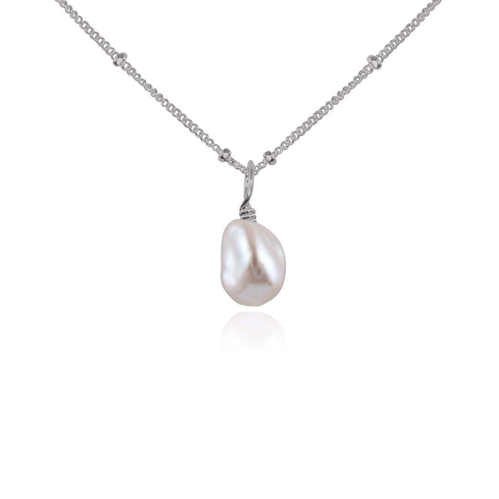 Raw White Freshwater Pearl Natural Crystal Pendant Necklace - Raw White Freshwater Pearl Natural Crystal Pendant Necklace - Stainless Steel / Satellite - Luna Tide Handmade Crystal Jewellery