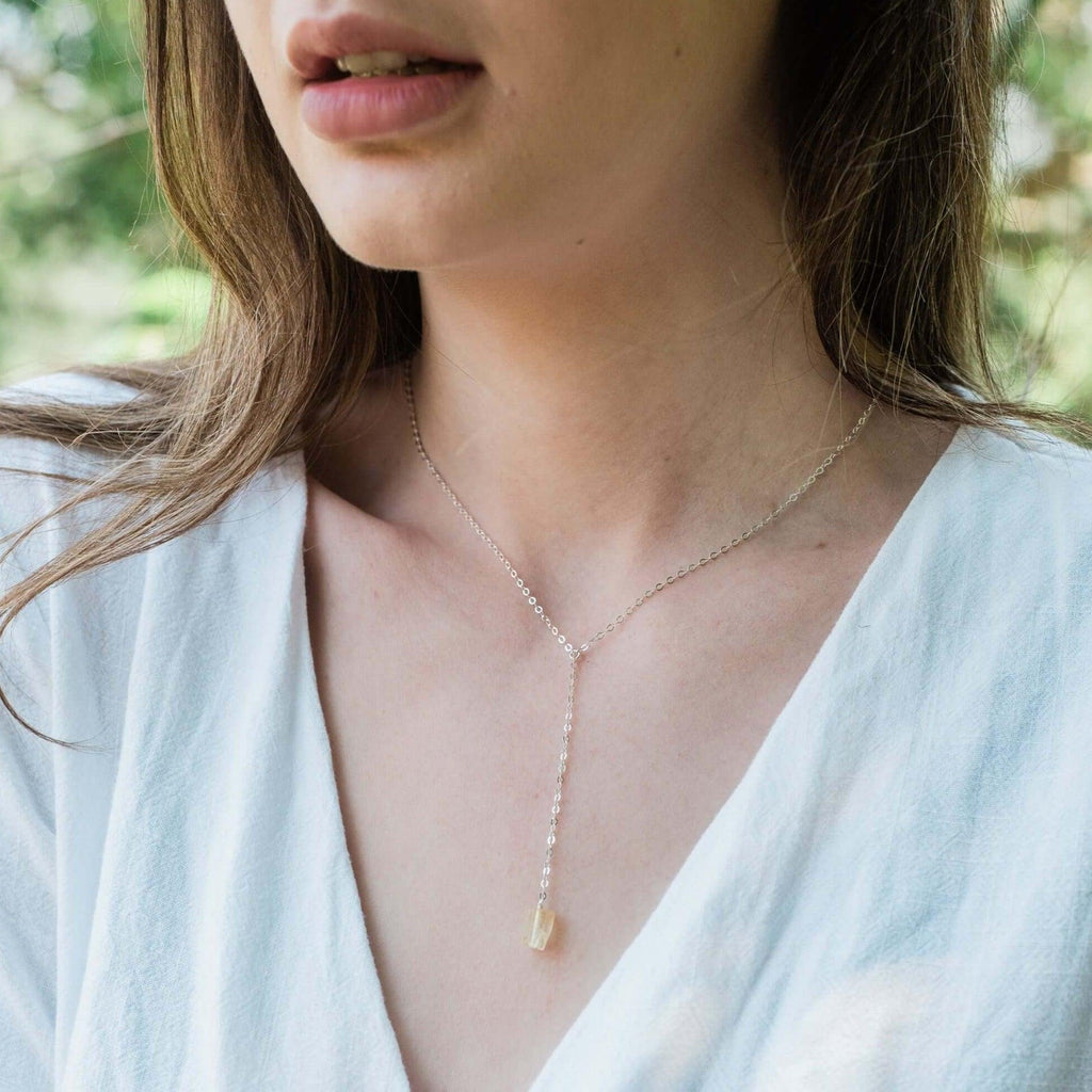 Raw Yellow Citrine Crystal Lariat Necklace - Raw Yellow Citrine Crystal Lariat Necklace - 14k Gold Fill - Luna Tide Handmade Crystal Jewellery