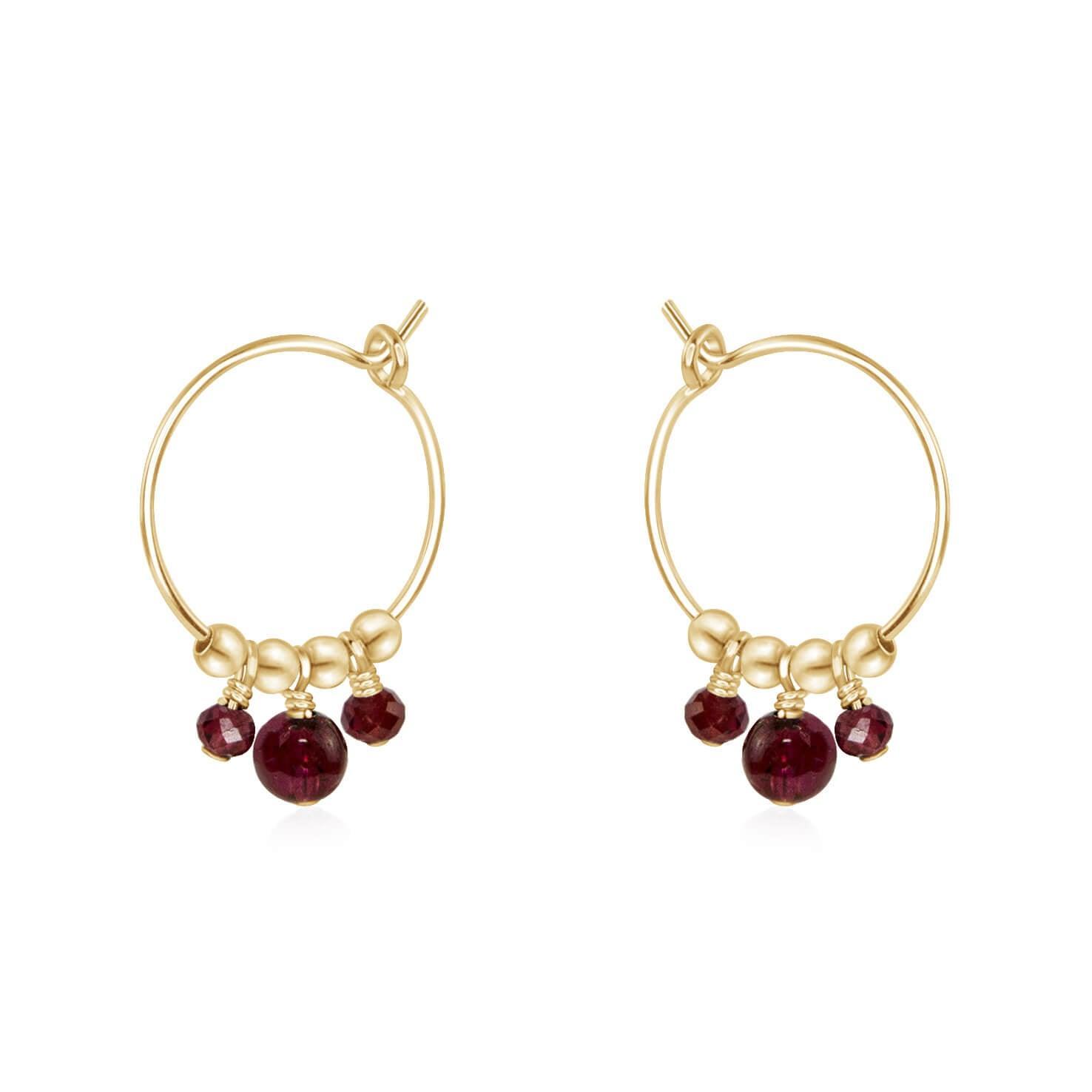 Red Garnet Gemstone Bead Drop Hoop Earrings - Red Garnet Gemstone Bead Drop Hoop Earrings - 14k Gold Fill - Luna Tide Handmade Crystal Jewellery