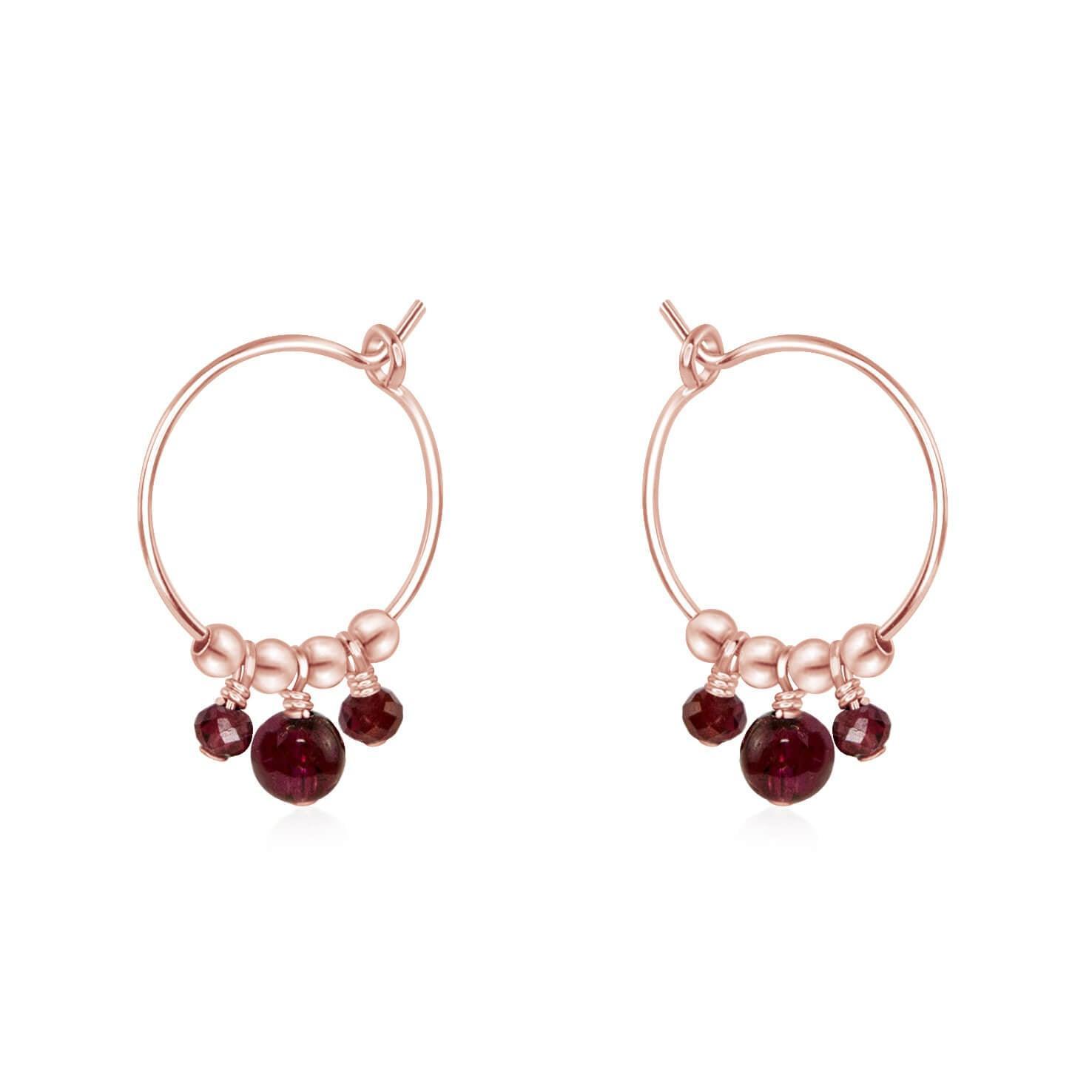 Red Garnet Gemstone Bead Drop Hoop Earrings - Red Garnet Gemstone Bead Drop Hoop Earrings - 14k Rose Gold Fill - Luna Tide Handmade Crystal Jewellery