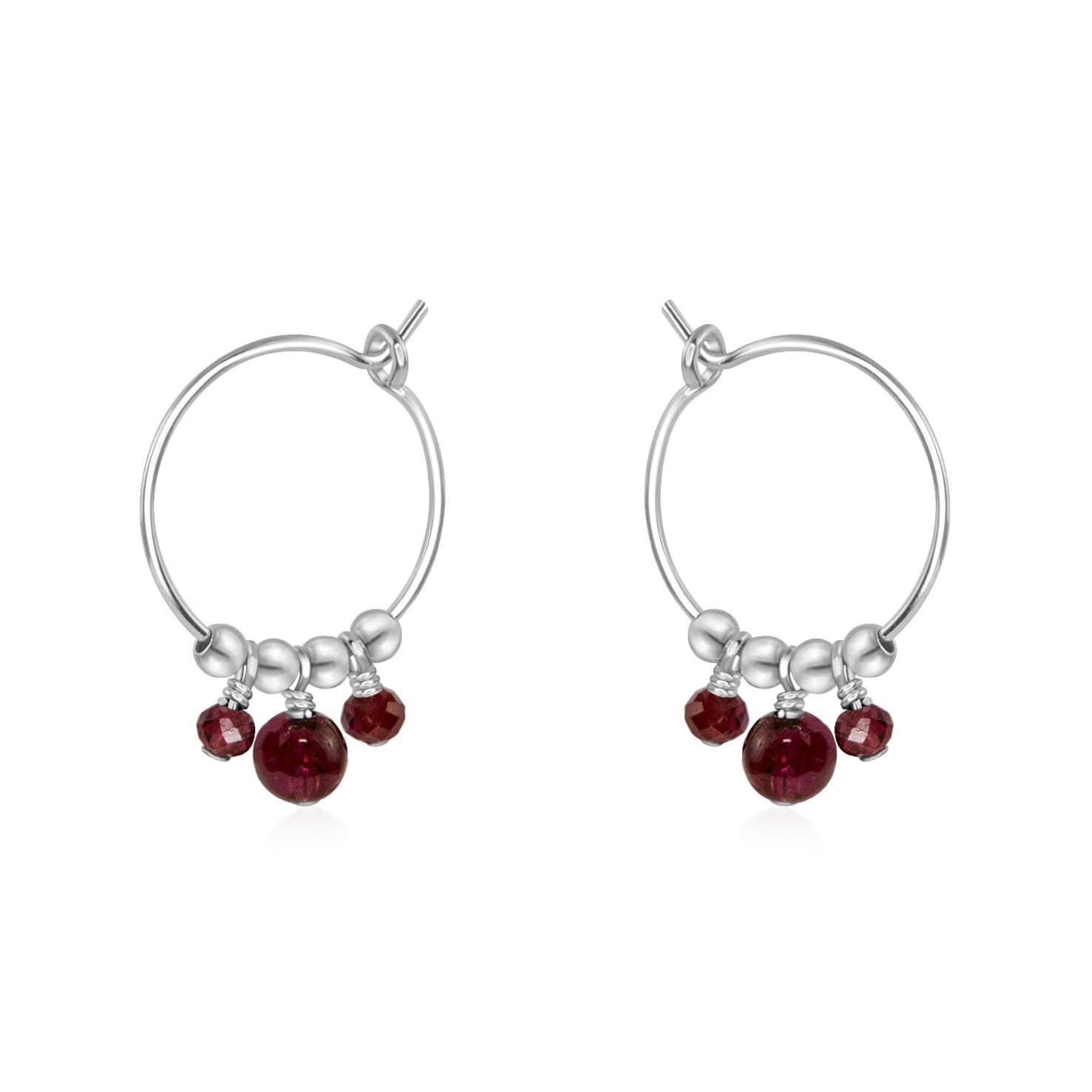 Red Garnet Gemstone Bead Drop Hoop Earrings - Red Garnet Gemstone Bead Drop Hoop Earrings - Sterling Silver - Luna Tide Handmade Crystal Jewellery